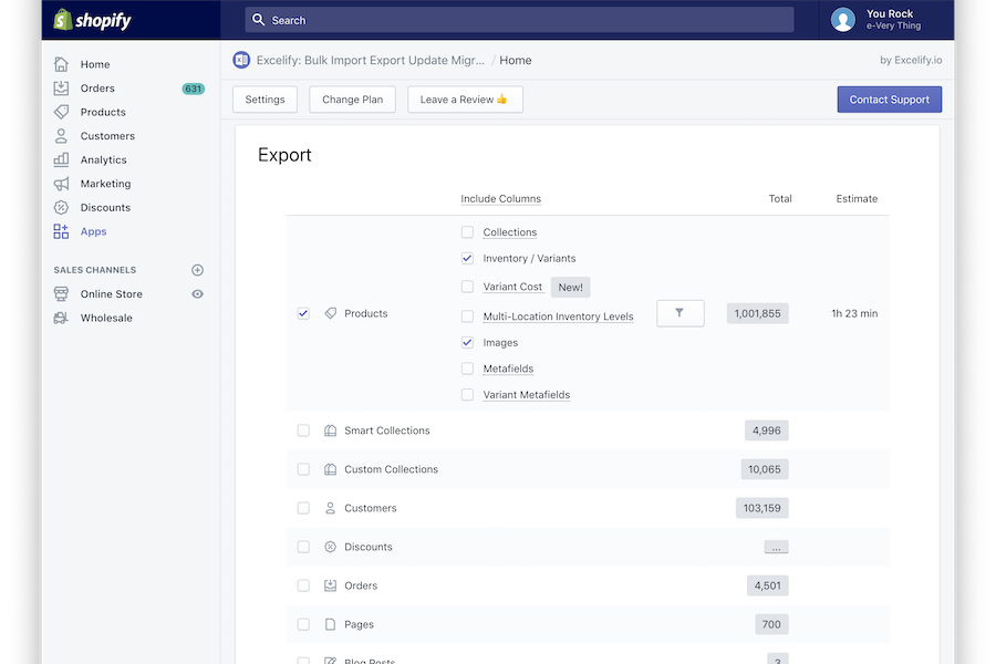 Excelify Shopify data export