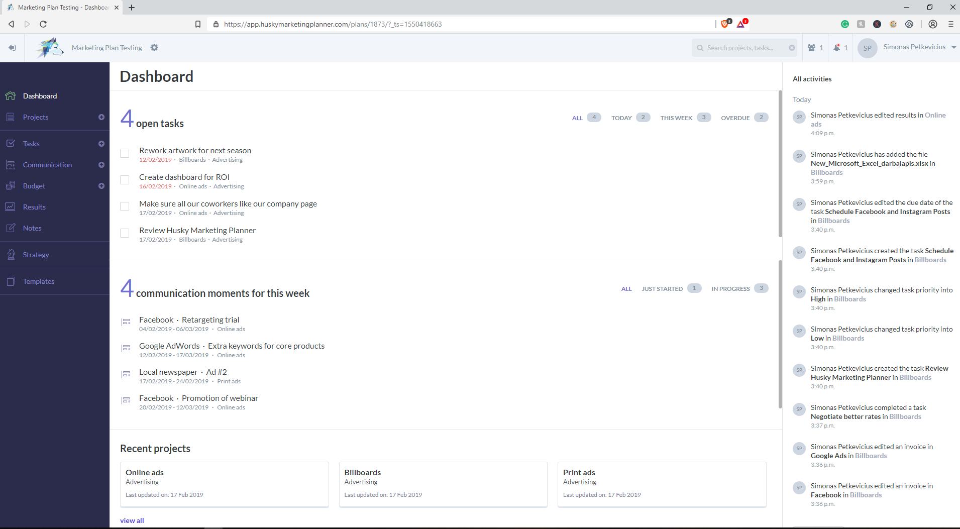 Husky marketing planner Dashboard