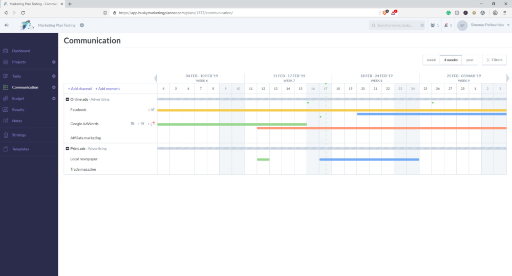 Husky Marketing Planner Communication tab