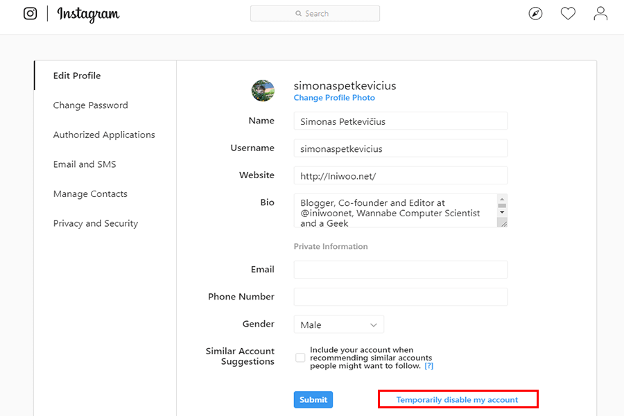 Temporarily disable instagram account