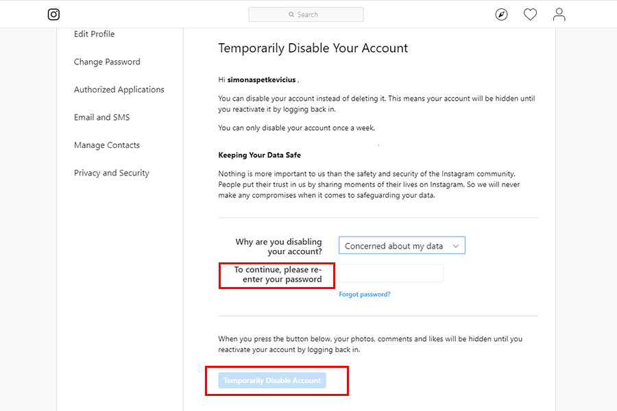 Temporarily disable instagram account